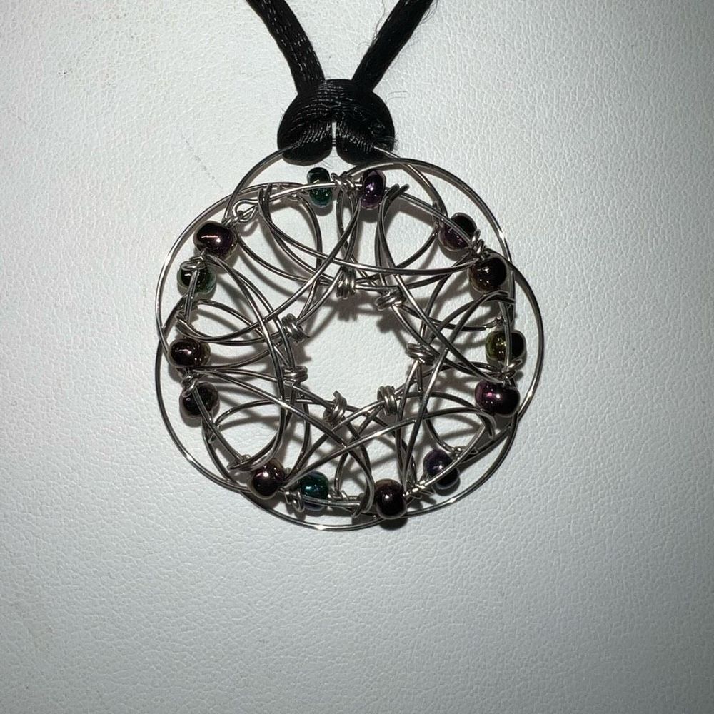 Artisan Silver Tone Wire Wrapped Starburst Pendant Black Cord Necklace